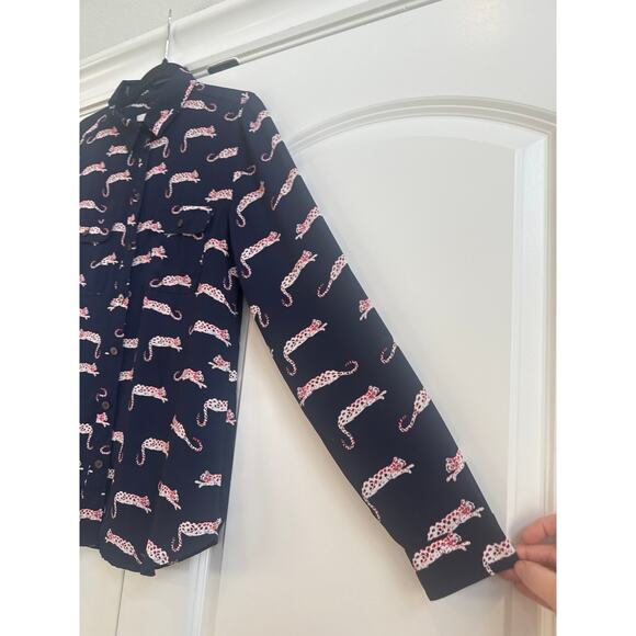 Loft Sheer Navy Collar Button Down Leopard Cat Novelty Print Blouse - Picture 5 of 8